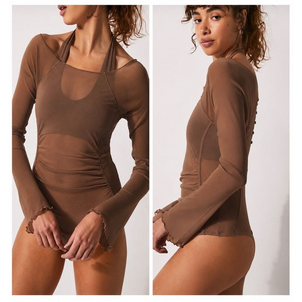Free People There Goes My Heart Bodysuit Medium NWT Coffee Date Sheer Mesh Ruche
